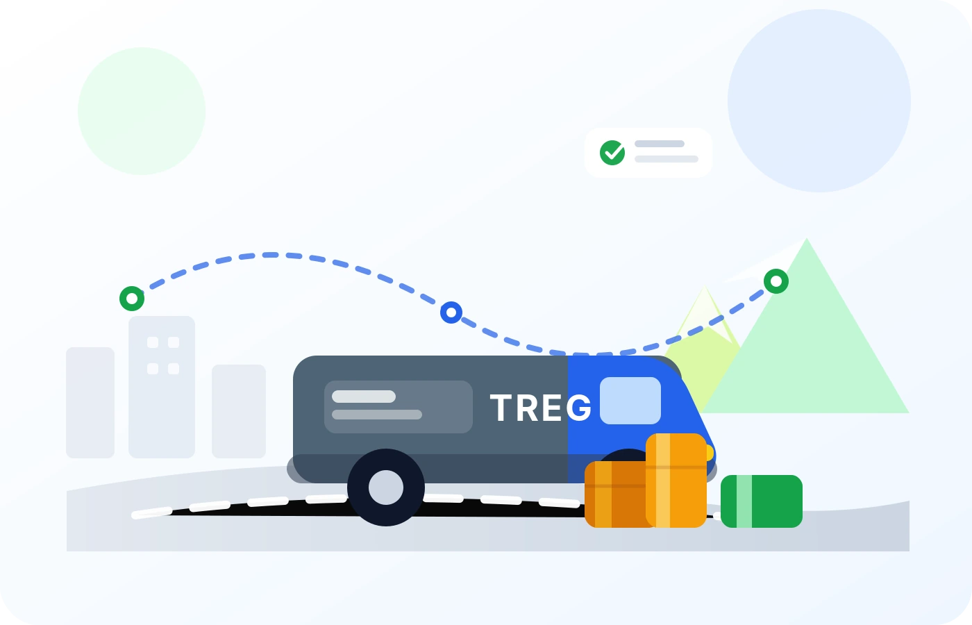 Ilustrim i një furgoni Treg Logistics me parcela dhe rrugë dërgese në Shqipëri.